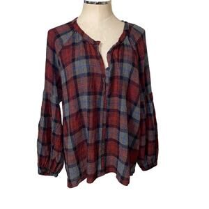 Zara Red Blue Plaid Long Sleeve Lightweight Flannel Peasant Blouse Size XL